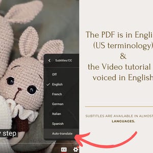 May include: Two crocheted bunny toys, one pink and one brown, with black eyes and white accents. The image shows a screenshot of a video tutorial with a drop-down menu for subtitles in English, French, German, Italian, Spanish, and Auto-translate. The text on the screen reads "The PDF is in English (US terminology) & the Video tutorial is voiced in English. SUBTITLES ARE AVAILABLE IN ALMOST ALL LANGUAGES."