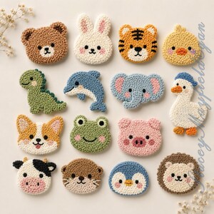 Può includere: Una collezione di quattordici toppe all'uncinetto a forma di animale che include un orso marrone, un coniglio bianco, una tigre arancione, un pulcino giallo, un dinosauro verde, un delfino blu, un elefante grigio, un'anatra bianca, un corgi, una rana verde, un maiale rosa, una mucca, una lontra e un pinguino.