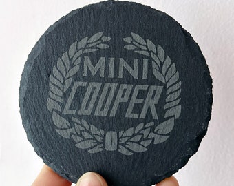 Mini Cooper Laser-etched vintage logo slate round coaster set