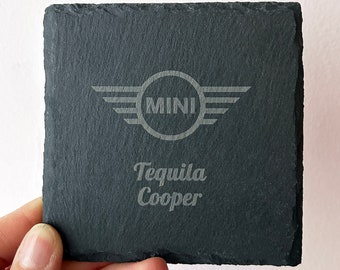 Mini Cooper Laser-etched logo square slate coaster set customized with your name