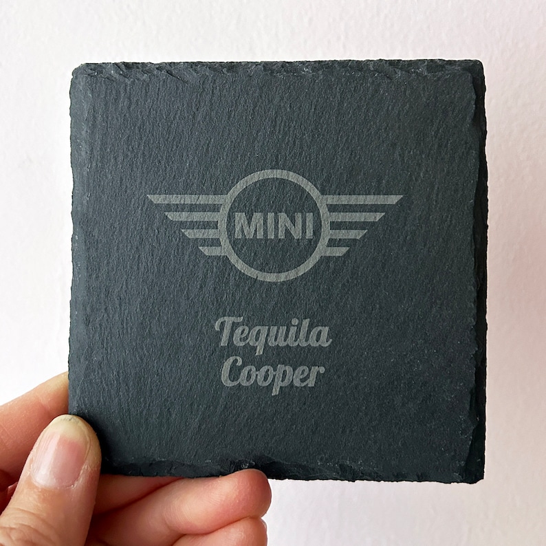 Mini Cooper Laser etched Logo Square Slate Coaster Set Customized With mini-cooper-laser-etched-logo-square-slate-coaster-set-customized-with