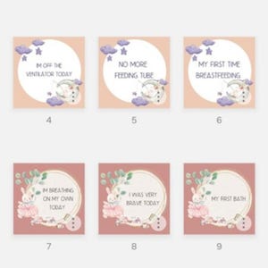 Pode incluir: Nove cartões ilustrados com fundos rosa, roxo e pêssego, representando um coelho e um balão de ar quente. Cada cartão tem uma mensagem diferente sobre os marcos de um bebê, como "Estou fora do CPAP", "Vou para casa hoje", "Adoro o cuidado canguru", "Estou fora do ventilador hoje", "Sem mais sonda de alimentação", "Minha primeira vez amamentando", "Estou respirando sozinho hoje", "Fui muito corajoso hoje", "Meu primeiro banho", "A primeira vez que a mamãe me segura", "Meu primeiro dia em um berço" e "Meu primeiro sorriso".