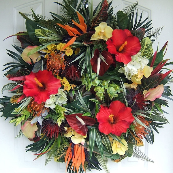 Last 3 this style, Custom order, tropical wreath, limited, Spring Summer wreath, floral wreath, front door wreath, hibiscus, Hawaiian wreath
