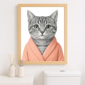 Katze im Bademantel Poster Tier Badezimmer Poster Geschenk Kunst Badezimmer Wand Dekor Poster schwarz weiß Badezimmer Druck Digital Download