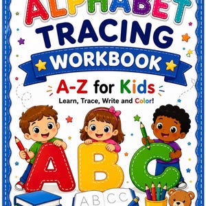 Può includere: Un quaderno di esercizi per tracciare l'alfabeto per bambini con una copertina colorata e il testo ALPHABET TRACING WORKBOOK A-Z for Kids Learn, Trace, Write and Color! La copertina mostra tre bambini con le lettere A, B e C, libri e un orsetto.