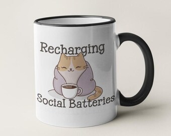 Recharging Social Battery Mug: Funny Introvert Cat Design - 11oz Coffee Mug
