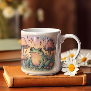 Mug champignon grenouille lunatique, tasse à café grenouille mignonne avec champignons, adorable cadeau d&#39;art grenouille, tasse cadeau unique pour amateur de grenouille, tasse magique de la nature