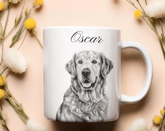 May include: White ceramic mug with a black and white illustration of a golden retriever dog. The dog's name, "Oscar", is printed in black cursive above the dog's image.