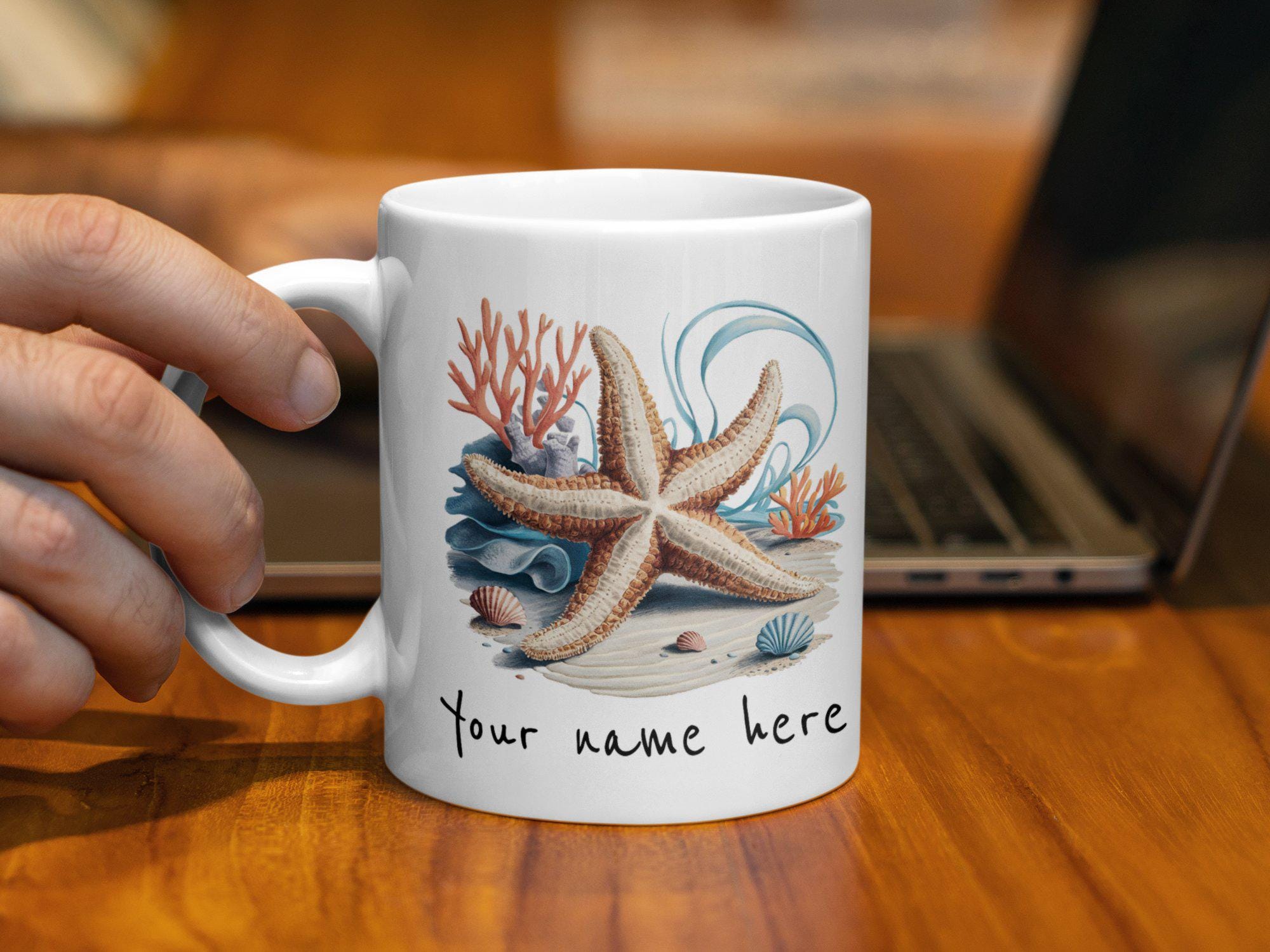 Regalo personalizzato – Tazza grande stella (motivo: animali, bianco) – qualsiasi nome/messaggio sulla tua tazza unica – Starfish pesce
