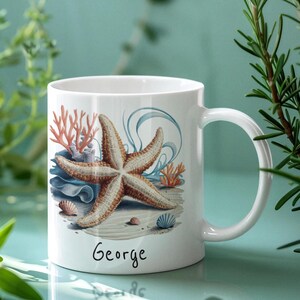 Custom Starfish Mug, Beach Themed Coffee Cup, Ocean Lover Gift, Nautical Ceramic Mug, Sea Shells Design, Coral Print Mug