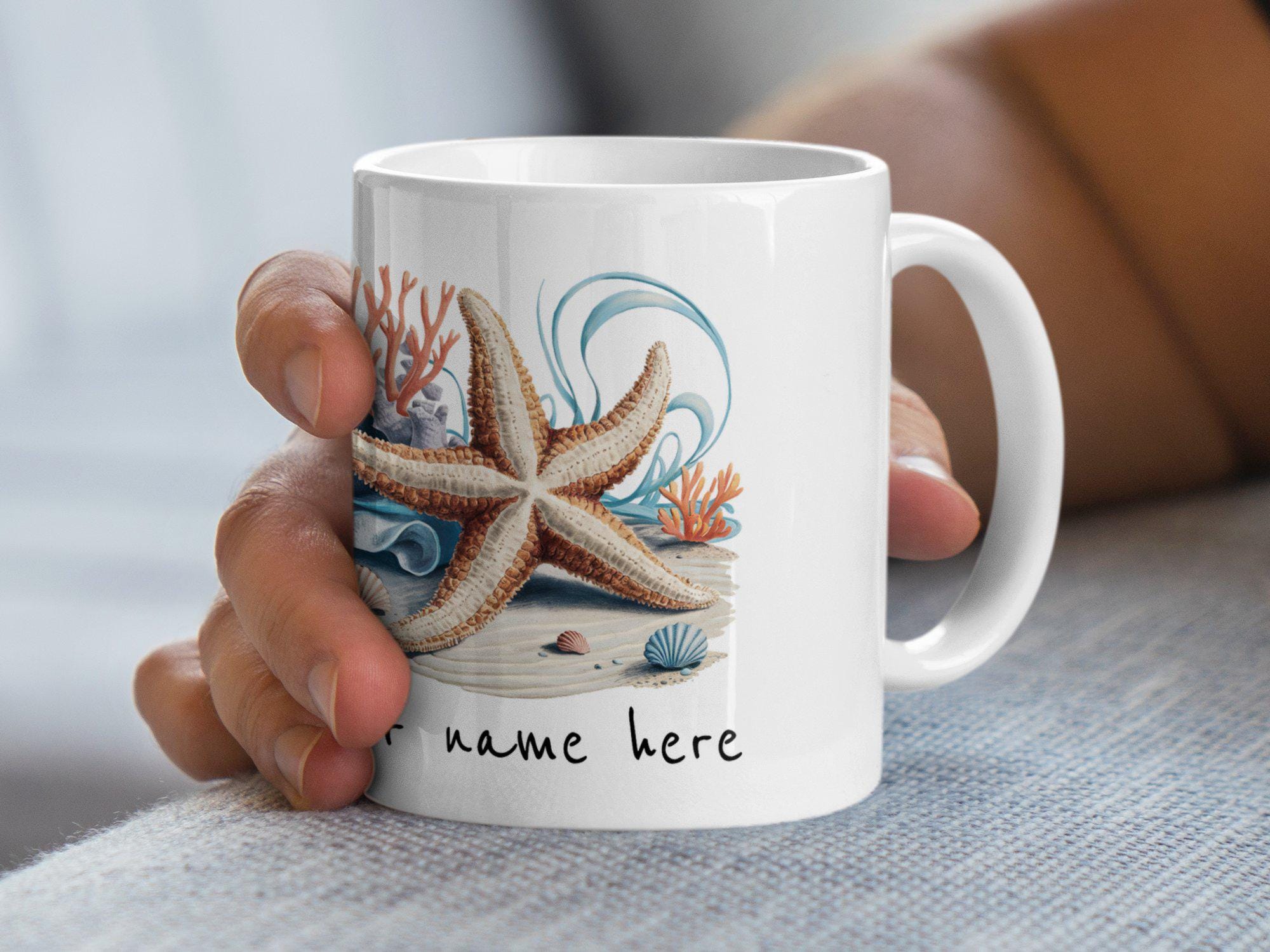 Regalo personalizzato – Tazza grande stella (motivo: animali, bianco) – qualsiasi nome/messaggio sulla tua tazza unica – Starfish pesce