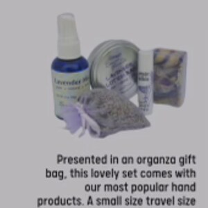 Our lavender collection includes a all natural 2oz lavender mist, lavender soap, lavender lip balm , lavender sachet, lavender lotion bar