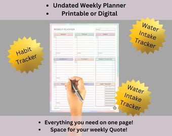 Printable/Digital Weekly Planner, Undated, w/ Habit Tracker, To-Do List, & Water Tracker! PDF File and JPG. Use iPad or Tablet pen to fill!