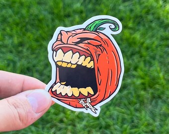Yelling Pumpkin Sticker: Waterproof Glossy Halloween Decal
