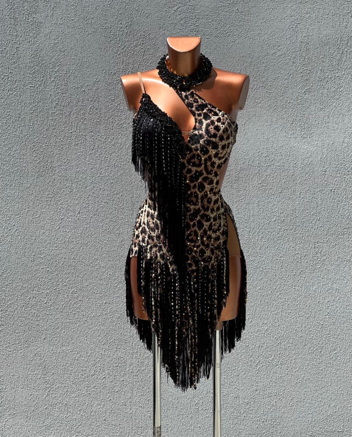 New Couture Rhythm Latin Leopard Dress Deluxe Crystals Competition Showcase Costume Stoned Ballroom Lady Dance