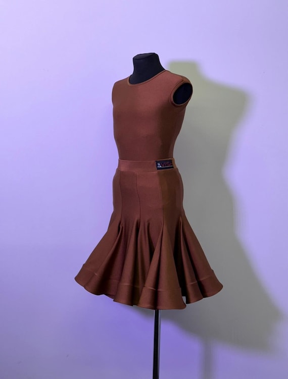 brown dress for dance competitions under $45 Juvenile Chocolate Ballroom Competition Performance Girls stretch charmeuse sleeveless cowl