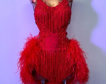 Junior Latin Dance Dress Red Feathers Ballroom Competition Costume Professional Fringe Latin Dress Exclusive Design