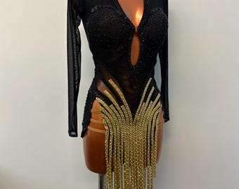 Couture Rhythm & Latin Black Golden Dress Deluxe Crystal Competition Showcase Bronze Costume Stoned Ballroom Lady Dance