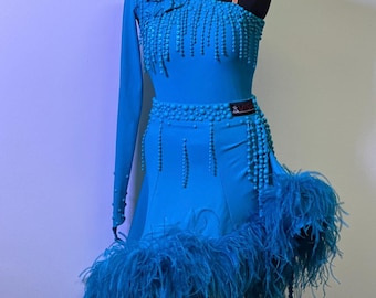 Competition Latin Blue Deluxe Junior Dress Showcase Costume Ballroom Lady Dance Performance