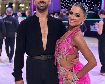 Custom Made Fuchsia Pink Feather Girls Latin Rhythm Dance Dress Lady  Competition Swarovski Costume Sleeveless Performance Ballroom Outfit