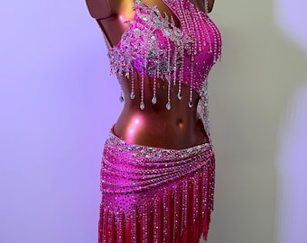 Couture Hot Pink Latin Dance Competition Dress Swarovski Preciosa Professional Ballroom Costume Rhinestone Fringe Dress