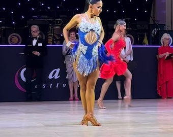 Couture Sponsored Royal Blue Cobalt Shine Crystal Latin Rhythm Competition Showcase Dress Fully Stoned Ballroom Dance Costume Performance