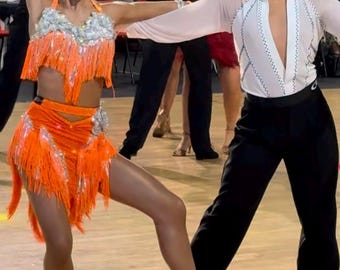 Orange Couture Shine Latin Rhythm Competition Showcase Performance Dance Dress