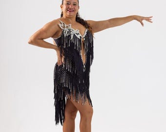 Competition Rhythm Latin Black Deluxe Dress Crystals Showcase Costume Stoned Ballroom Lady Dance Performance
