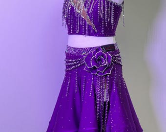 Custom Made Purple Girls Latin Rhythm Dance Dress Lady  Competition Swarovski Costume Sleeveless Performance Ballroom Outfit