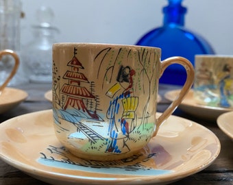 Vintage Japanese handprinted coffee cups and saucers.