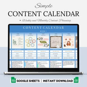 Puede incluir: Una pantalla de computadora portátil que muestra una plantilla de calendario de contenido con un fondo azul. El calendario está dividido en días de la semana, con cada día presentando una idea de contenido diferente. La plantilla se titula "Calendario de contenido" e incluye el texto "Semana 1".