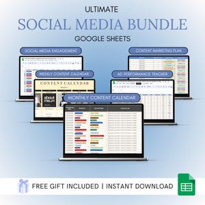 Puede incluir: Una imagen digital que muestra un paquete de plantillas de Google Sheets para marketing en redes sociales. El paquete incluye plantillas para el compromiso en las redes sociales, el plan de marketing de contenido, los calendarios de contenido semanales y mensuales, y el seguimiento del rendimiento de los anuncios. La imagen incluye el texto "ULTIMATE SOCIAL MEDIA BUNDLE GOOGLE SHEETS" y "FREE GIFT INCLUDED | INSTANT DOWNLOAD".
