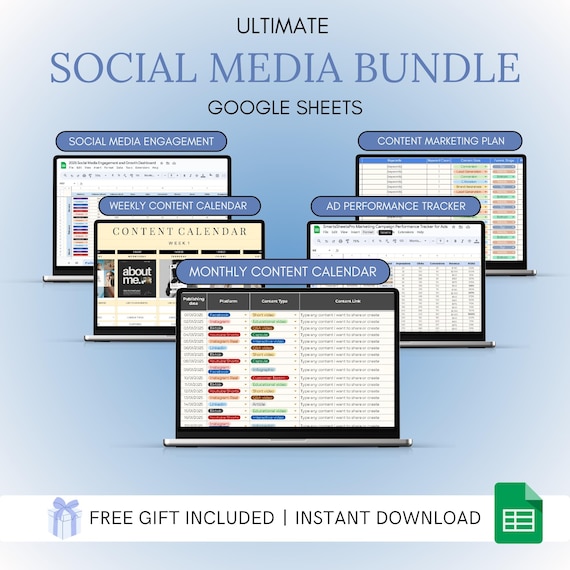 Social Media Planner Bundle: Content Calendar, Ad Tracker (Google Sheets)