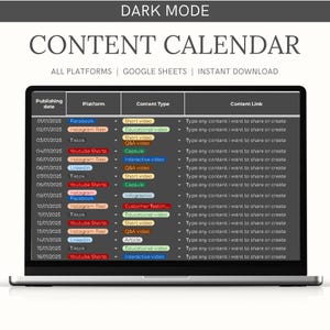 May include: A dark mode content calendar with a list of social media platforms, dates, content types, and content links. The calendar is designed to help users plan and schedule their social media content.