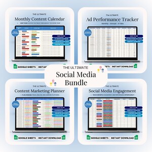 Könnte beinhalten: Vier Google Sheets-Vorlagen für Social-Media-Management. Die Vorlagen sind mit "The Ultimate Monthly Content Calendar", "The Ultimate Ad Performance Tracker", "The Ultimate Content Marketing Planner" und "The Ultimate Social Media Engagement" betitelt. Jede Vorlage wird auf einem Laptop-Bildschirm mit einem grünen Google Sheets-Symbol in der linken unteren Ecke angezeigt.