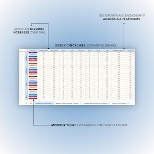 May include: A spreadsheet with a table showing data for different social media platforms. The table includes columns for followers, likes, comments, shares, clicks, engagement rate, and growth. The spreadsheet is titled "Platform Overview" and includes tabs for "Weekly Performance Tracker", "Content Performance Analysis", and "Data Visualization".
