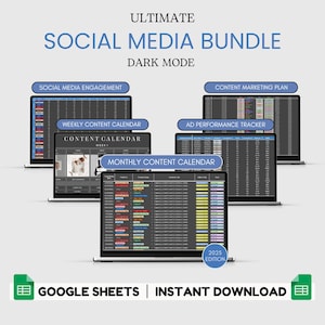 May include: A dark mode Google Sheets template bundle for social media management. The bundle includes templates for social media engagement, content marketing plan, weekly and monthly content calendars, and ad performance tracker. The templates are labeled with the year 2025.