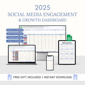 Modello di dashboard per l'impegno e la crescita dei social media del 2025 Fogli Google Analisi della strategia dei contenuti per Instagram, YouTube, TikTok, Facebook