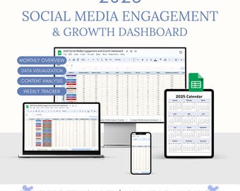 May include: A digital marketing dashboard template for 2025, shown on a laptop, tablet, and phone. The template includes sections for monthly overview, data visualization, content analysis, and weekly tracker. A free gift is included with instant download.