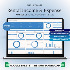 Könnte beinhalten: Ein Laptop-Bildschirm zeigt eine Google Sheets-Tabelle mit einem blau-weißen Farbschema. Die Tabelle ist mit "The Ultimate Rental Income & Expense" betitelt und enthält Diagramme und Grafiken. Der Text "Manage Up To 100 Properties - 11 Tabs" wird ebenfalls auf dem Bildschirm angezeigt. Die Tabelle enthält einen Bonus-ROI-Rechner.