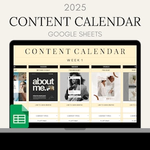 Può includere: Uno schermo di un laptop che mostra un modello di calendario dei contenuti per l'anno 2025. Il calendario è diviso in settimane, con ogni giorno della settimana etichettato. Il modello include spazio per idee di contenuti, collegamenti a grafici Canva, tipi di contenuti e piattaforme.