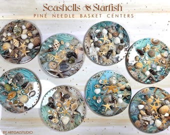 Seashells and Starfish Pine Needle Basket Centers - 4" Round