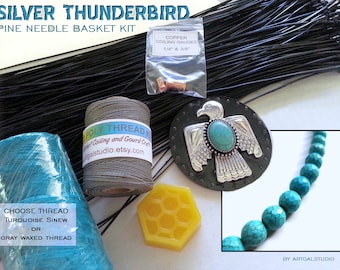 Pine Needle Basket Kit - SILVER & TURQUOISE THUNDERBIRD Southwestern Theme