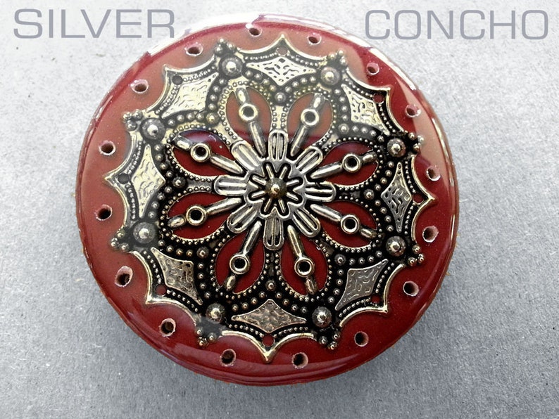 Western Style Concho Cabochon Basket Center, Pine Needle Base in Resin Gold or Silver on Brick Red image 6