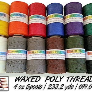 May include: Twelve spools of waxed poly thread in various colors, including yellow, orange, red, blue, purple, green, white, gray, brown, dark green, and black. Each spool is labeled "Waxed Poly Thread #3" and includes the website address "artgalstudio.etsy.com". The spools are arranged in two rows of six. The image also includes the text "WAXED POLY THREADS 4 oz Spools / 233.2 yds / 699.6 ft" and a small American flag with the text "MADE IN USA".