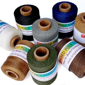 Poly waxed thread, 3 ply, 2 oz, pictured: Navy, Mahogany, Black, Grey, Natural, Olive, Beige and White