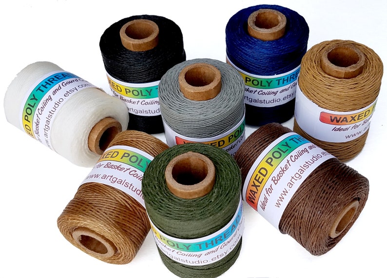Poly waxed thread, 3 ply, 2 oz, pictured: Navy, Mahogany, Black, Grey, Natural, Olive, Beige and White