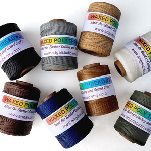 Poly waxed thread, 3 ply, 2 oz, pictured: Navy, Mahogany, Black, Grey, Natural, Olive, Beige and White