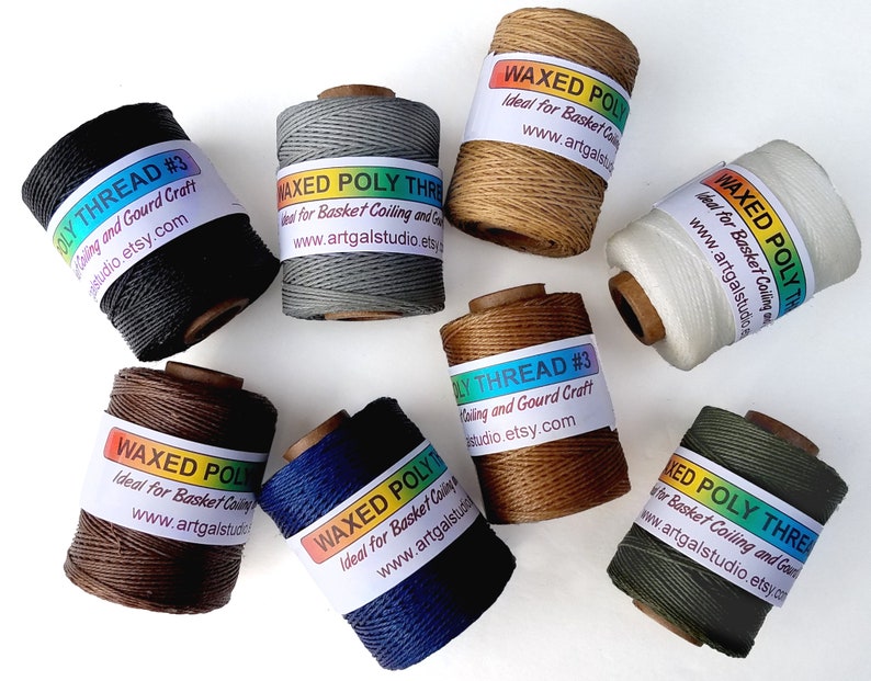 Poly waxed thread, 3 ply, 2 oz, pictured: Navy, Mahogany, Black, Grey, Natural, Olive, Beige and White