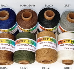 Poly waxed thread, 3 ply, 2 oz, pictured: Navy, Mahogany, Black, Grey, Natural, Olive, Beige and White